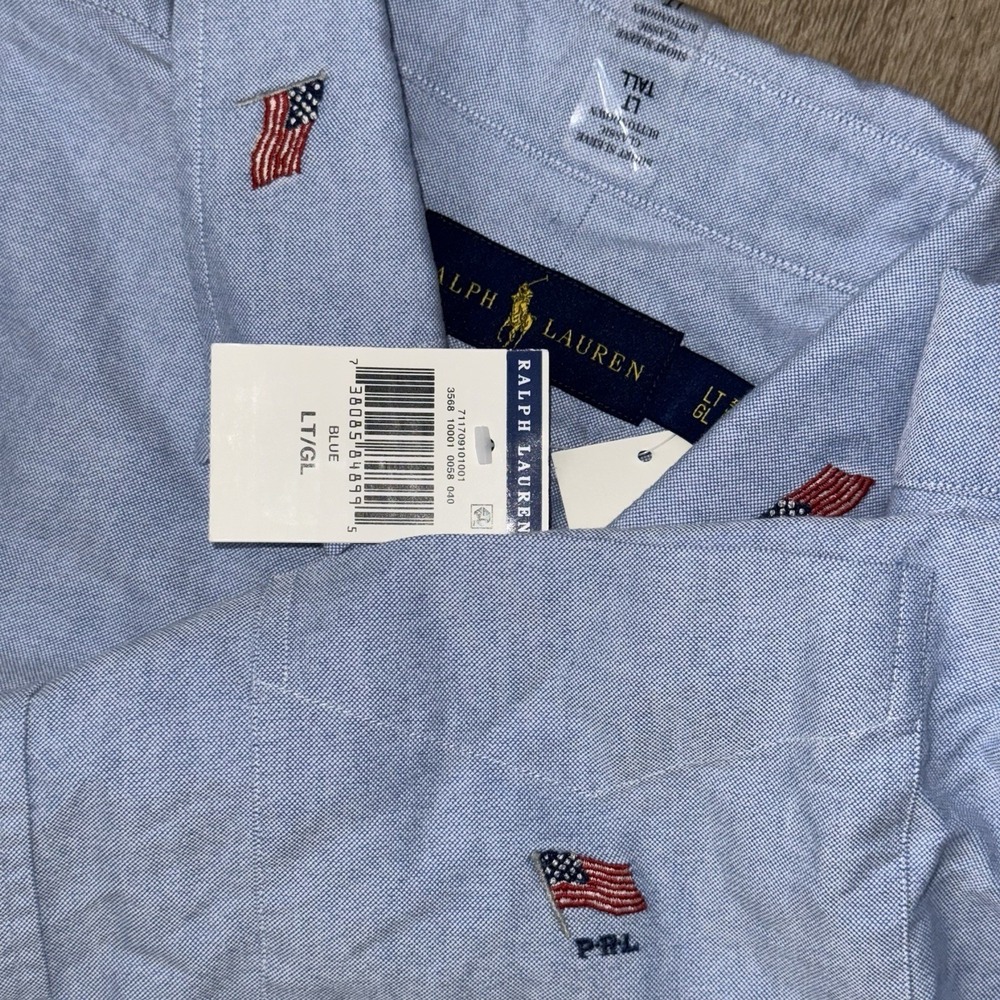NWT Polo Ralph Lauren Short Sleeve Oxford Shirt Men's LT Blue American Flags
